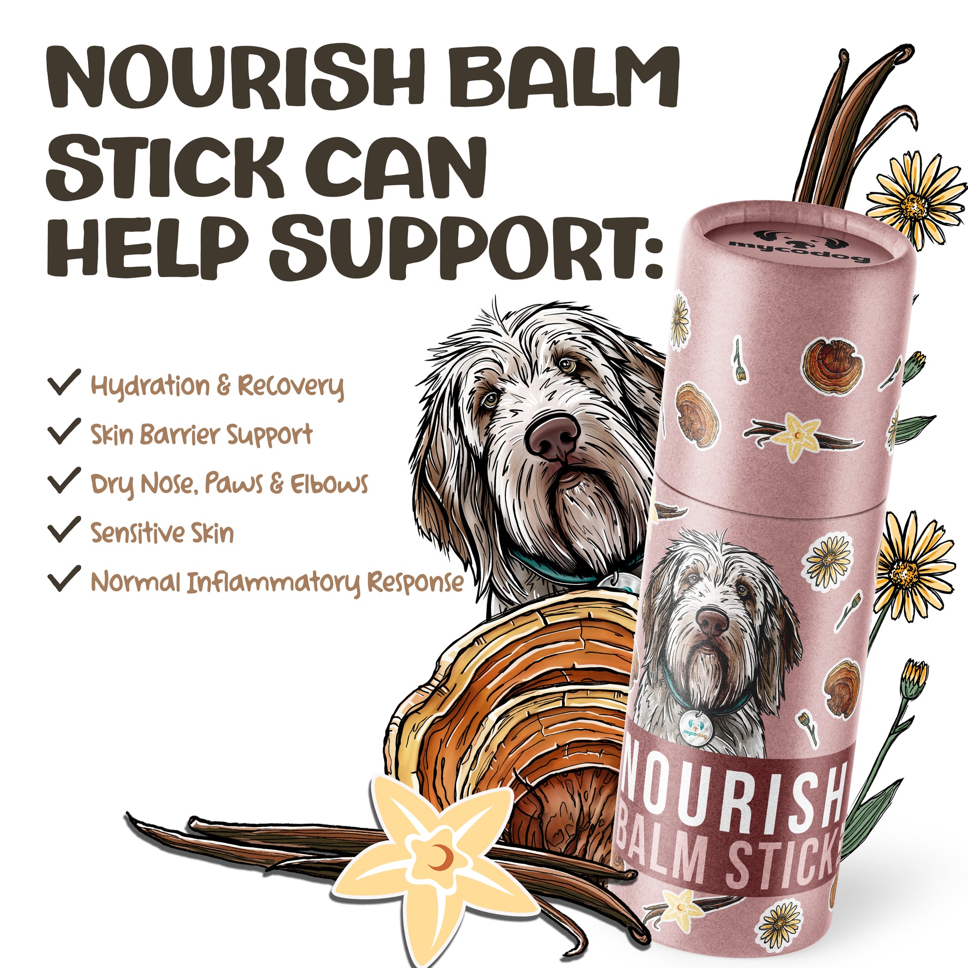 MycoDog Nourish balm stick reishi mushroom balm for dogs paw skin hydration dry nose dry aws inflammatory response skin barrier support