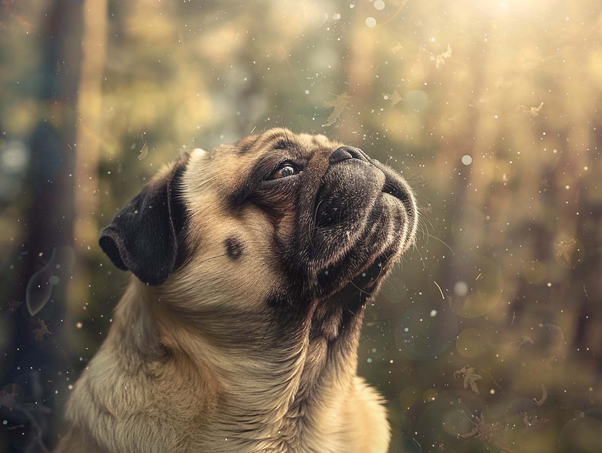 Pug looking up in a sunlit forest with particles floating in the air
