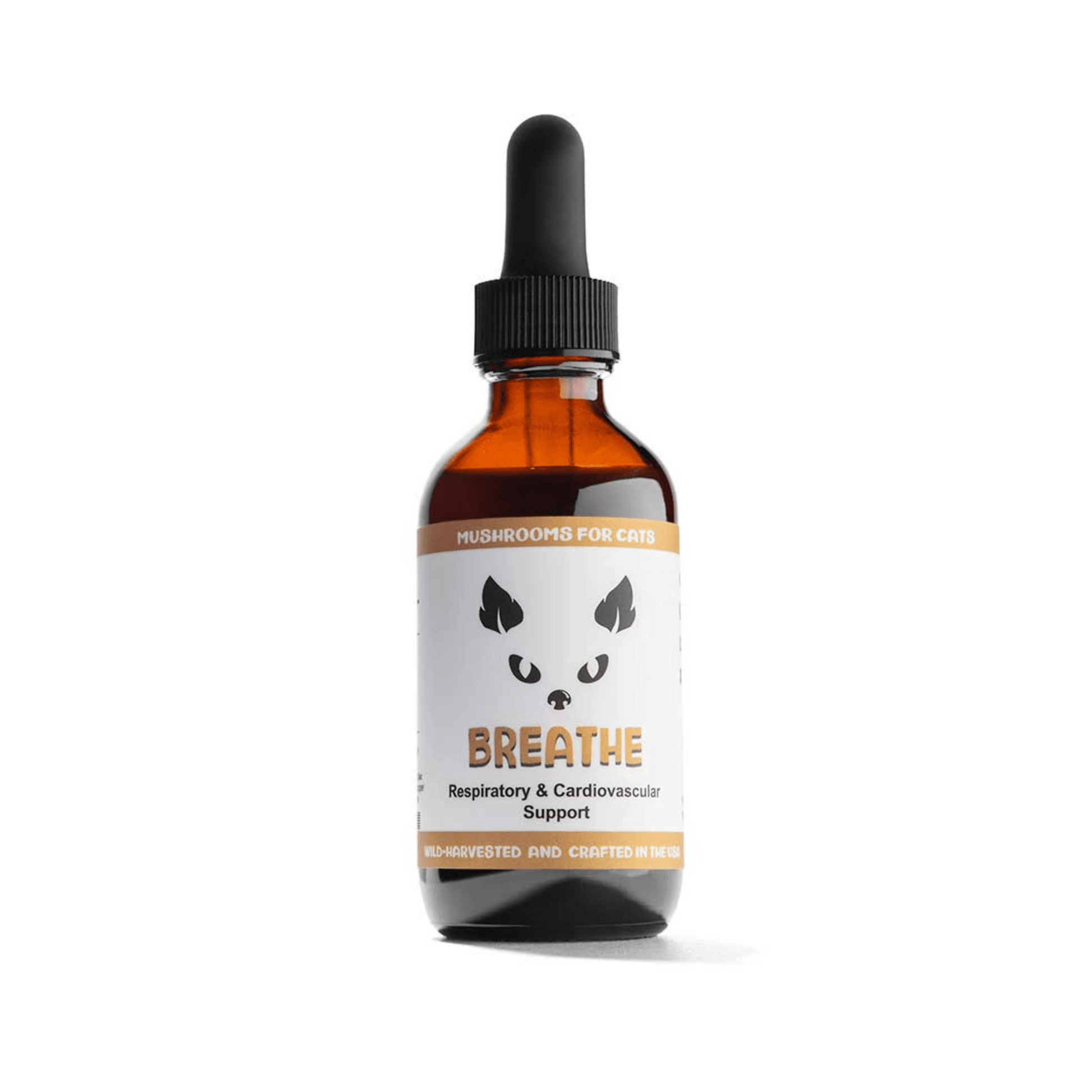 Breathe cat mushroom tincture by MycoCat for respiratory and cardiovascular support, featuring Cordyceps, Reishi, Artist Conk, Chaga, and Ashwagandha. Ideal for brachycephalic cats, cats with collapsed trachea, allergies, or breathing issues.