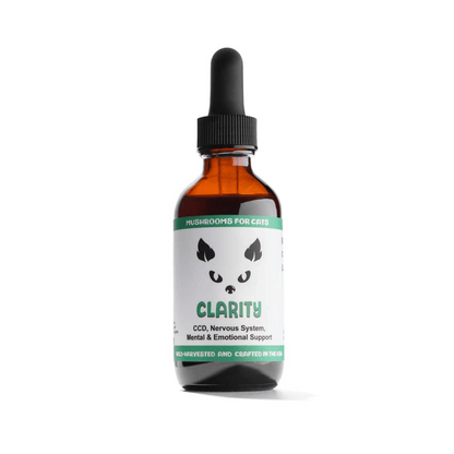 Clarity cat mushroom tincture by MycoCat for CCD, nervous system, mental and emotional support, featuring Cordyceps, Reishi, Lion's Mane, and Ashwagandha.