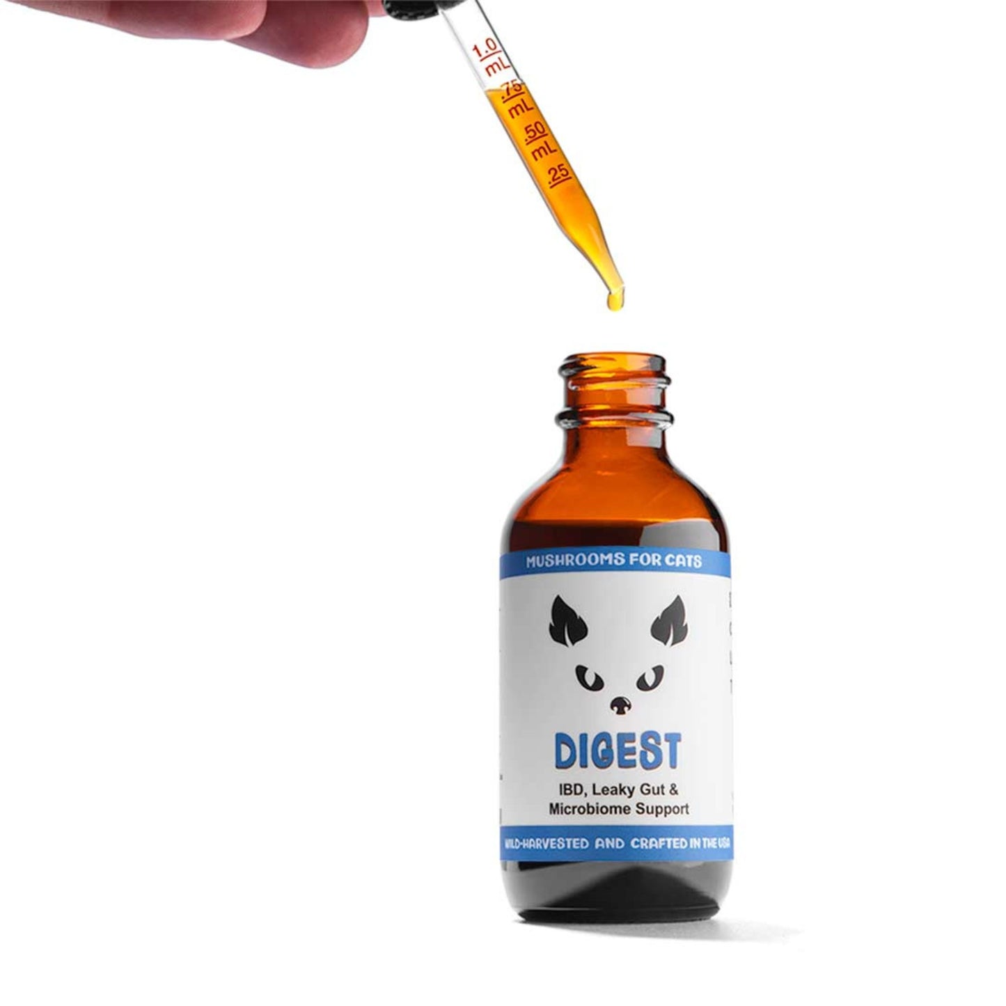 MycoCat Digest mushroom tincture for cats with illustrated mushrooms and herbs