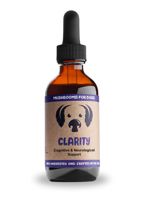 Bottle of 'Clarity' supplement for dogs with a dropper on a white background