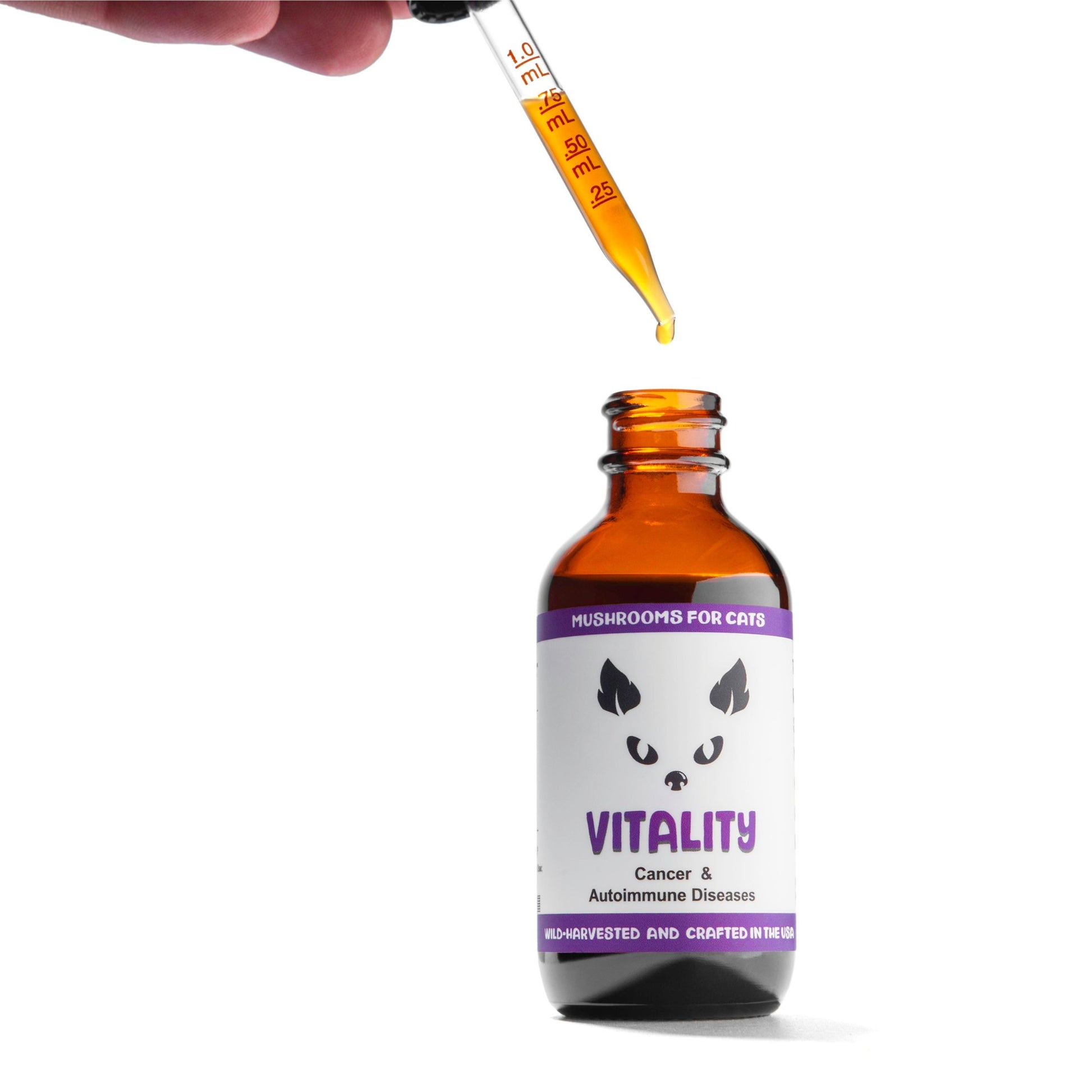 Vitality cat mushroom tincture by MycoCat for cancer and autoimmune diseases support, featuring Reishi, Turkey Tail, and Maitake mushrooms.